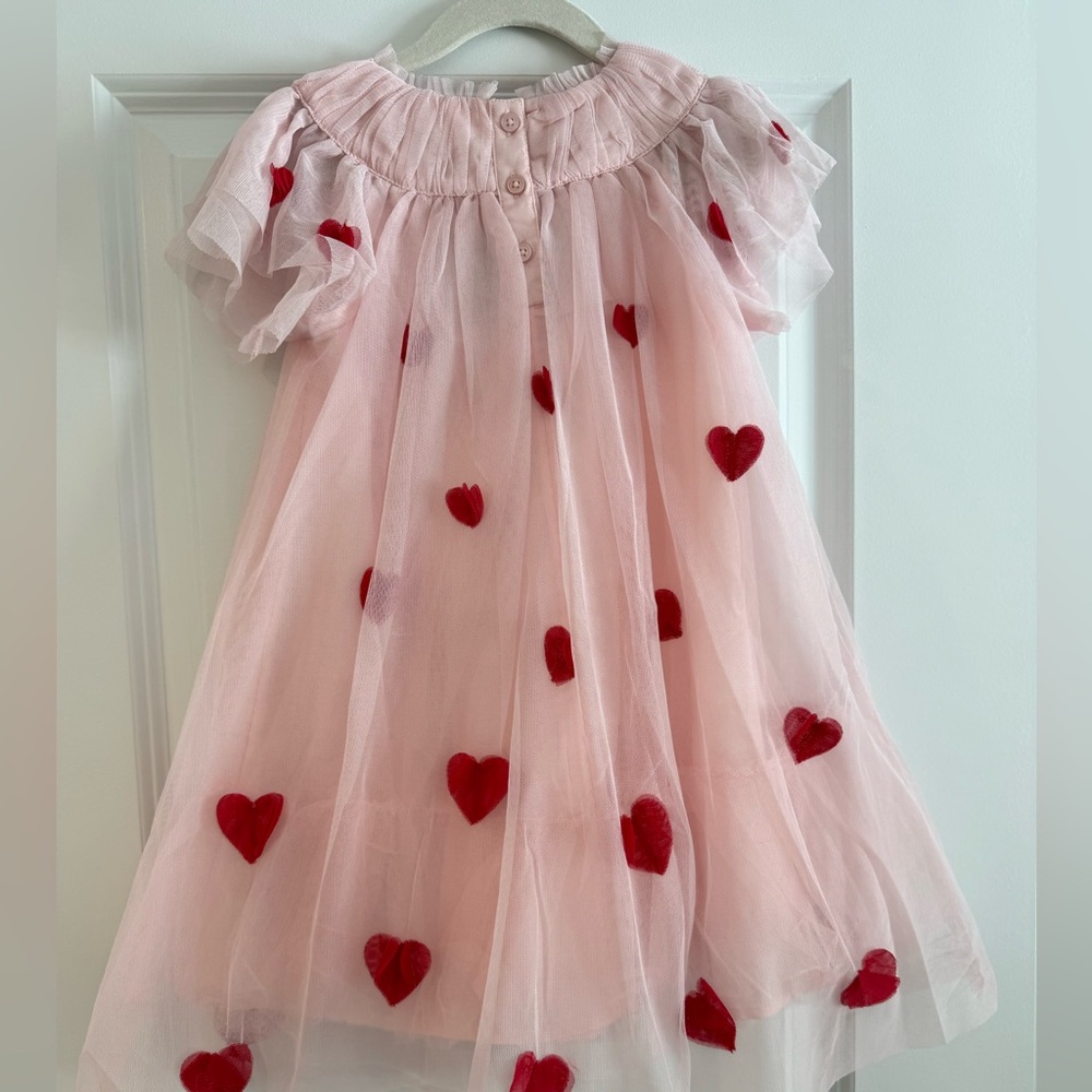 Mini Boden Pink Tulle Dress with Red Heart Accents NWT